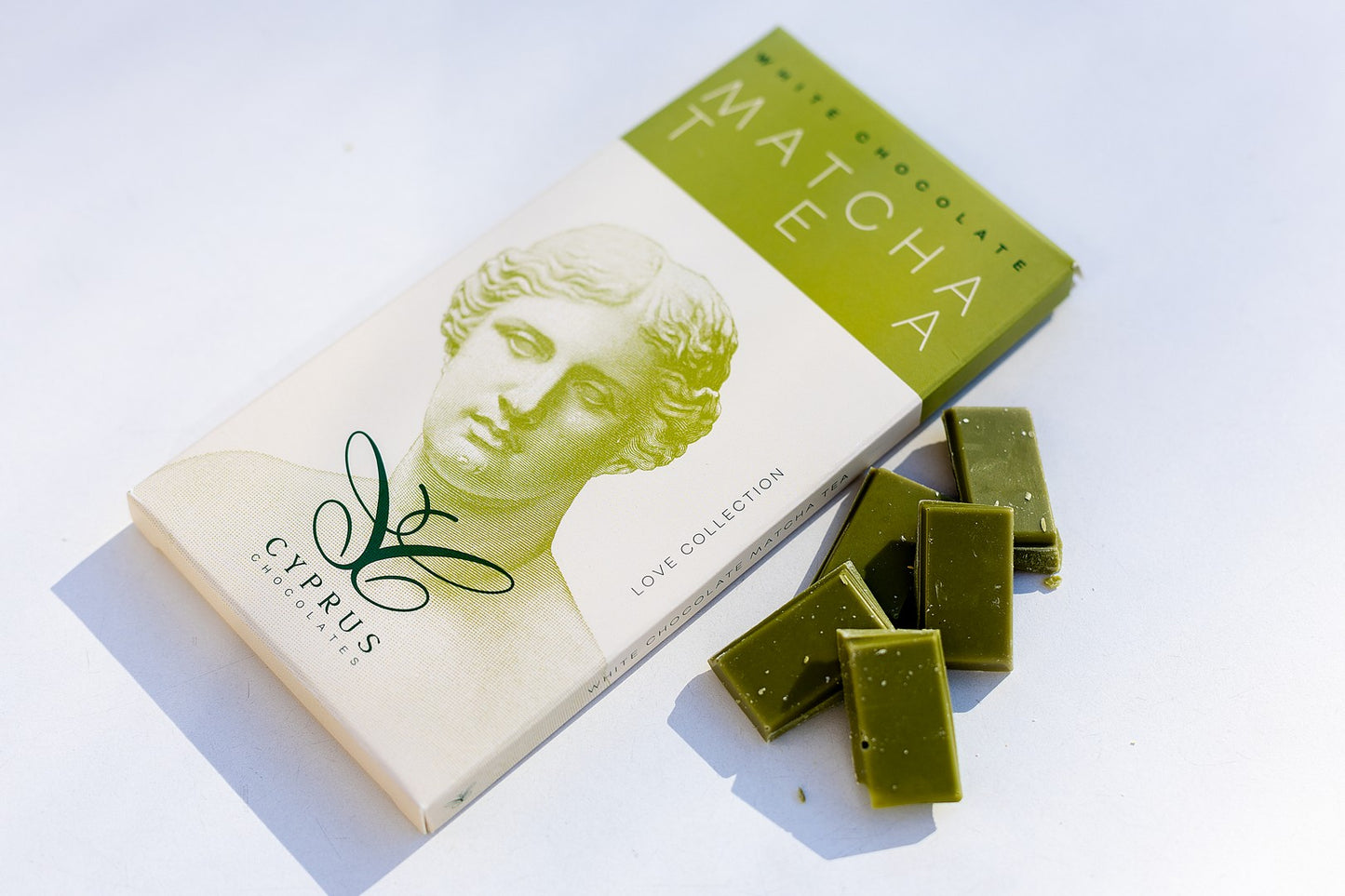 White chocolate bar with Japanese matcha green tea