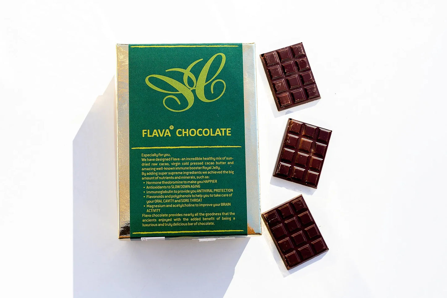 72% dark chocolate bar crafted from Peruvian cacao, sweetened with coconut blossom syrup and enhanced with royal jelly, made in Cyprus