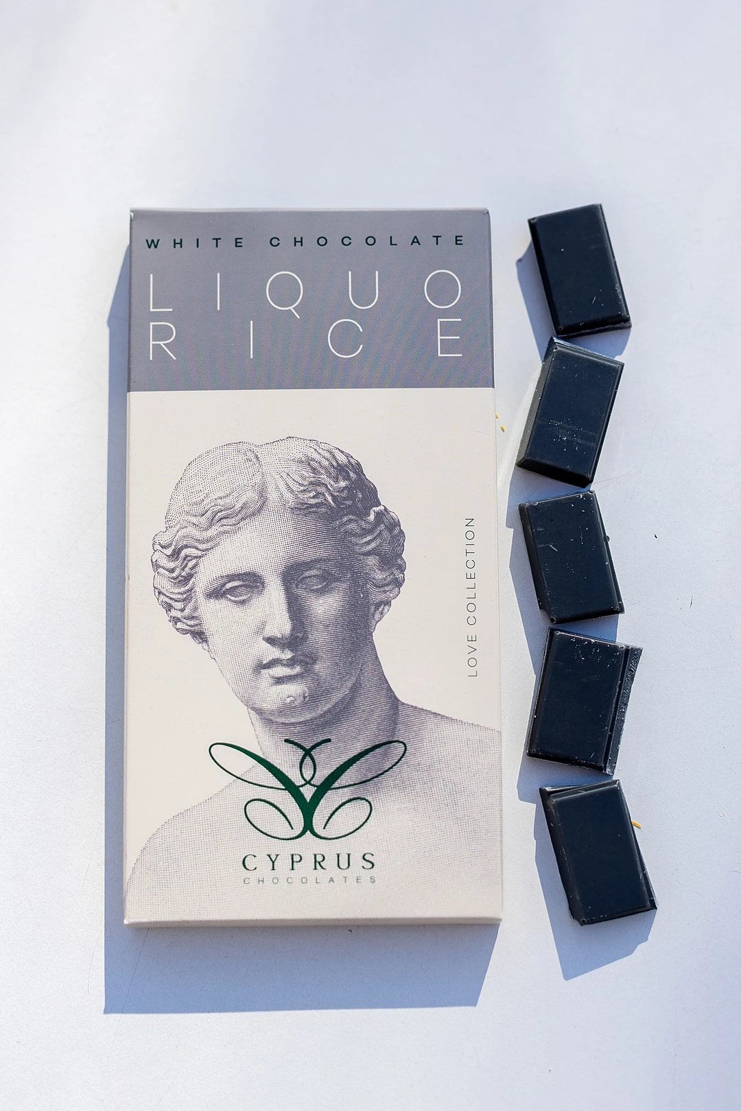 White chocolate bar with liquorice made in Cyprus