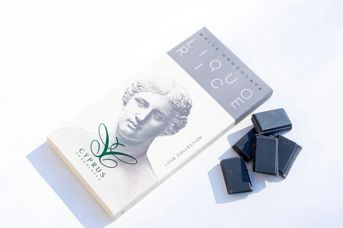 White chocolate bar with liquorice made in Cyprus