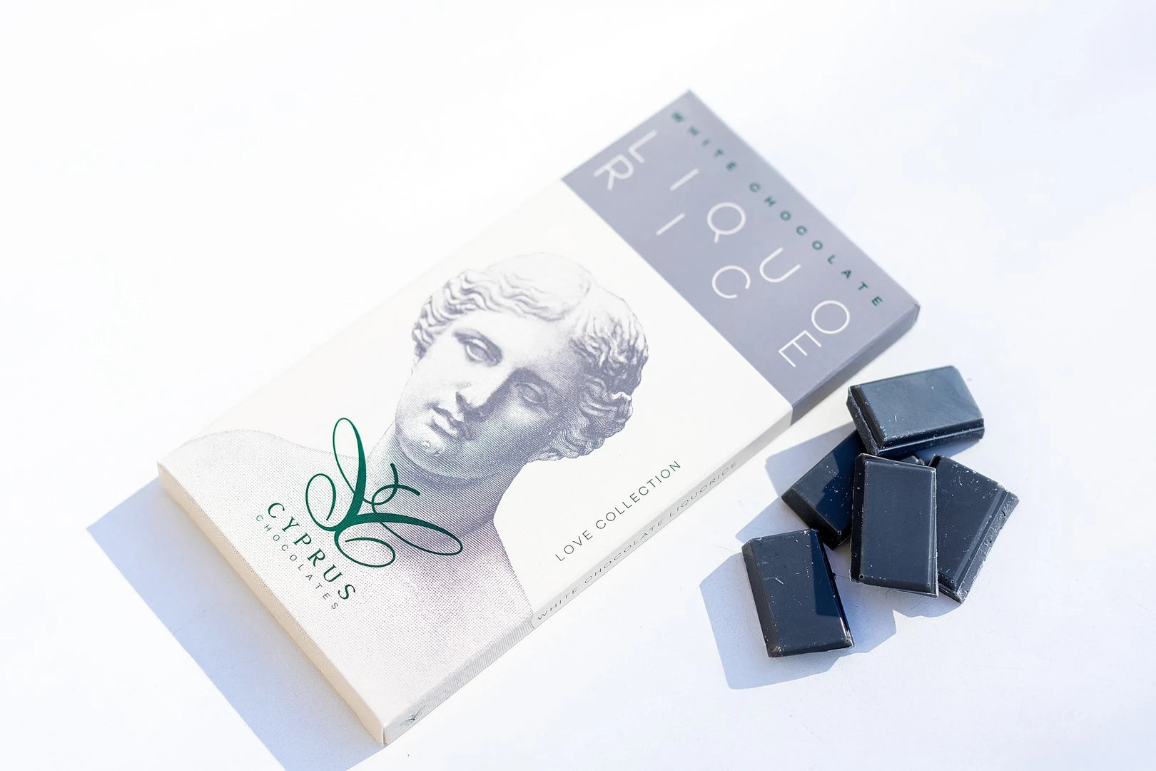 White chocolate bar with liquorice made in Cyprus