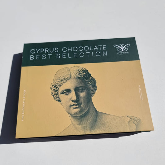 Best Selection chocolate set by Royal Cyprus Chocolates, box closed, 16 bite-sized artisanal chocolate sticks in white, milk, and dark varieties