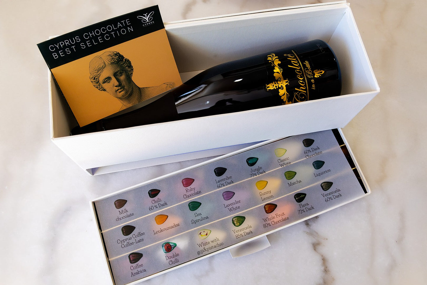 Luxury gift box featuring Exclusive Chocolate Wine Box set with 21 chocolate petals, perfect for celebrations, made in Cyprus