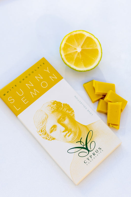 White chocolate bar with natural lemon flavour made in Cyprus